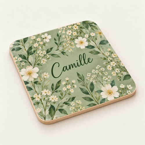 Sous-verre en bois personnalisé – Vinyle et lamination – 8 × 8 cm