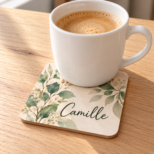 Sous-verre en bois personnalisé – Vinyle et lamination – 8 × 8 cm