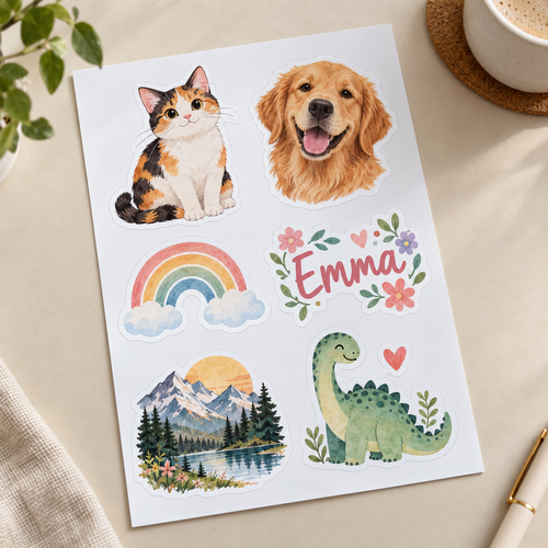 Planche de stickers vinyle personnalisés – A4 ou A5 – 3, 4 ou 5 cm