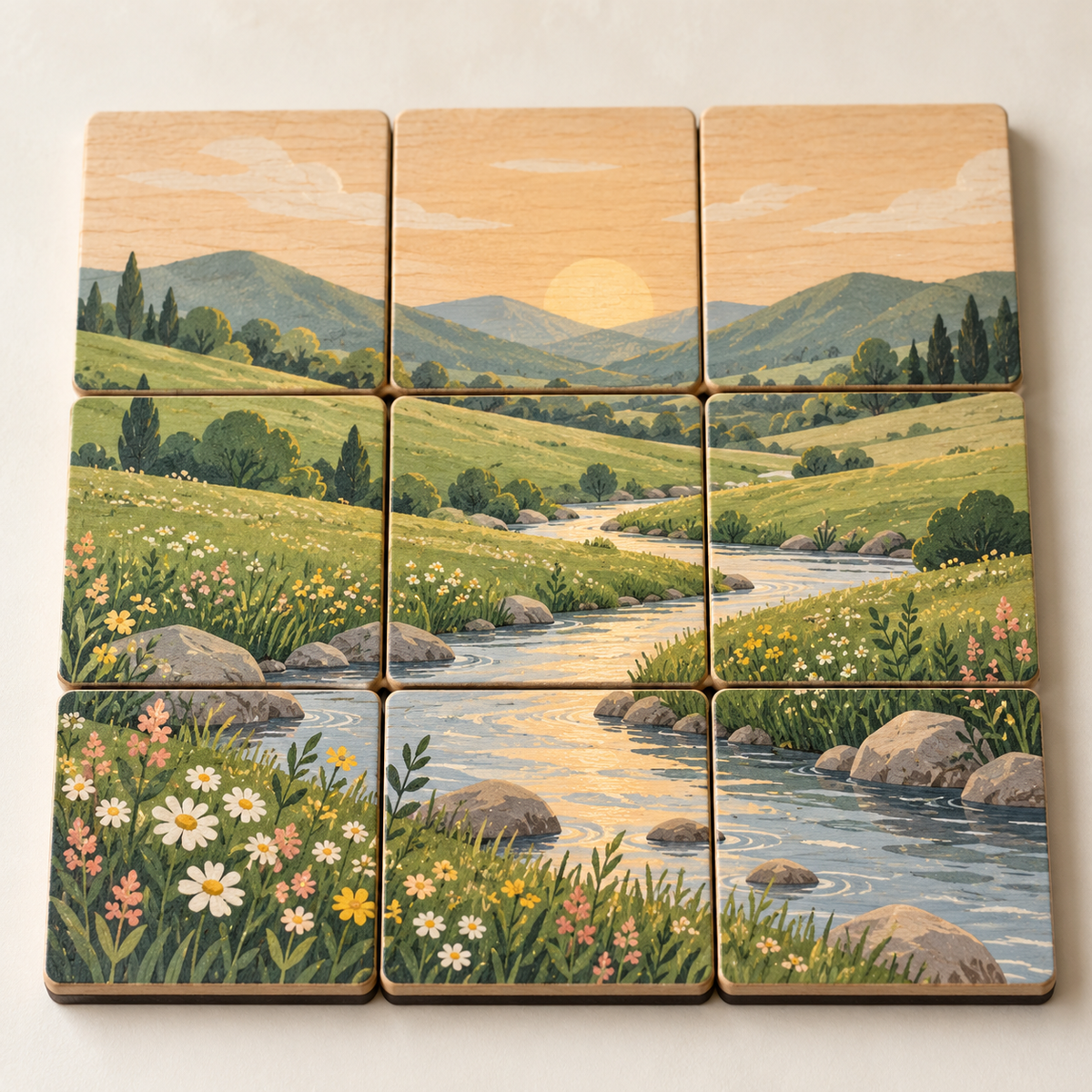 Set de 9 sous-verres aimantés en bois – fresque personnalisable