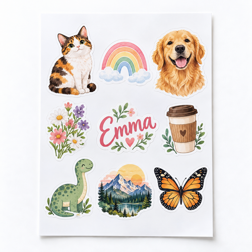 Planche de stickers vinyle personnalisés – A4 ou A5 – 3, 4 ou 5 cm